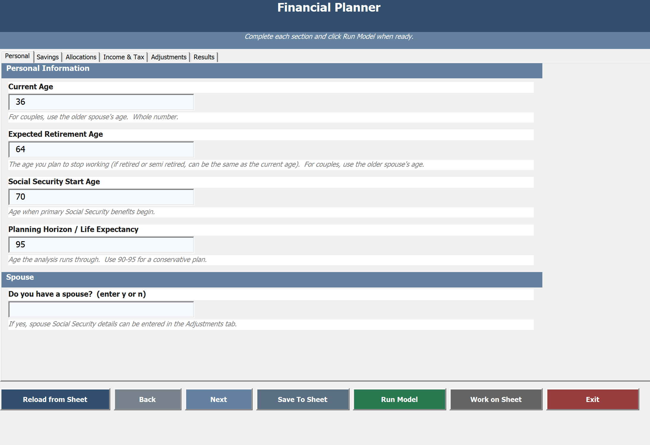 Personal financial inputs screen